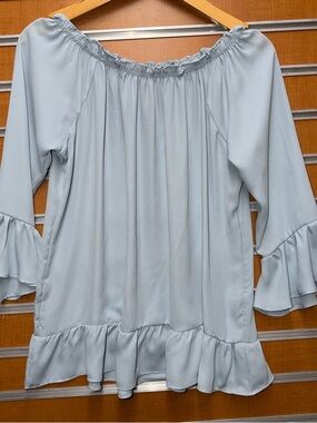 Sioni Pale Blue Off-Shoulder Ruffle Tunic